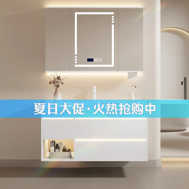 朗享可丽耐洗漱台奶油风浴室柜洗脸盆柜风水镜洗手台一体组合柜