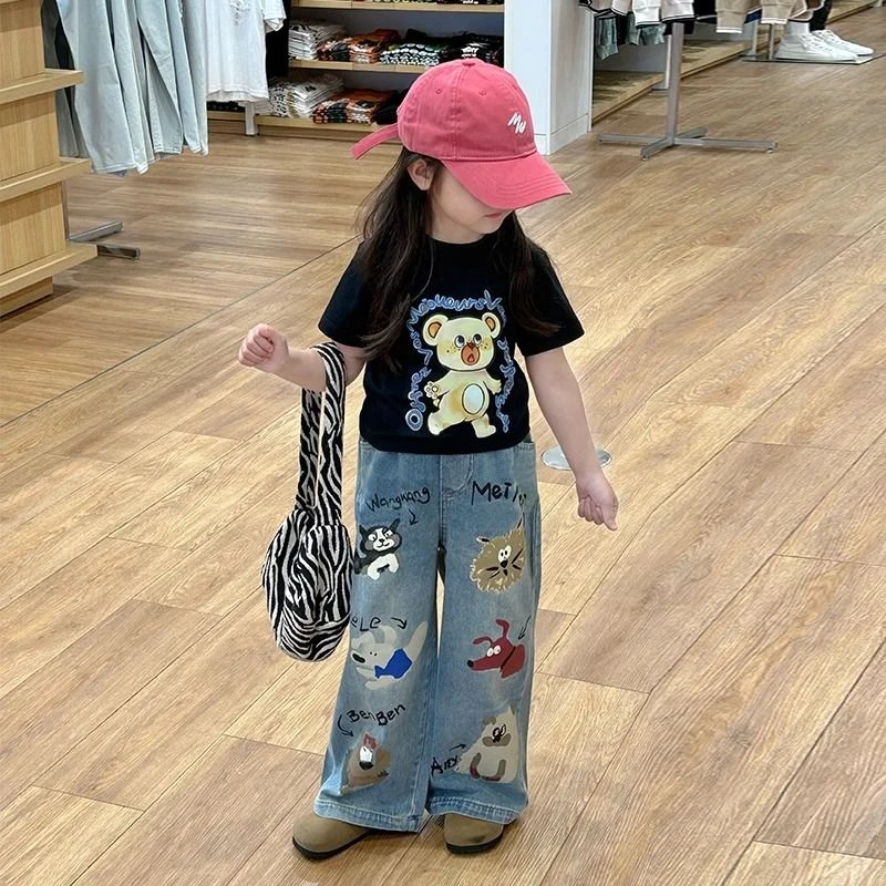 女童春秋印花牛仔裤