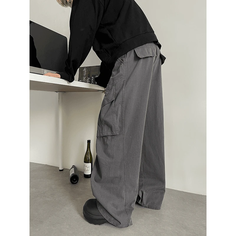 水洗日系工装裤男士秋季褶皱高街裤子直筒阔腿机能户外登山休闲裤