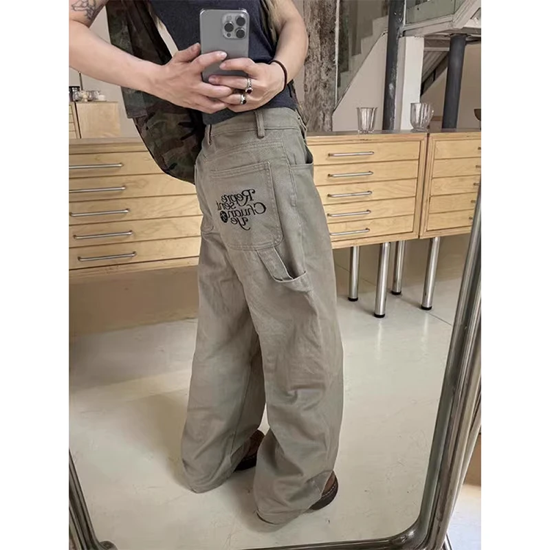 美式复古卡其色牛仔裤男款刺绣工装裤伐木裤子宽松直筒阔腿休闲裤