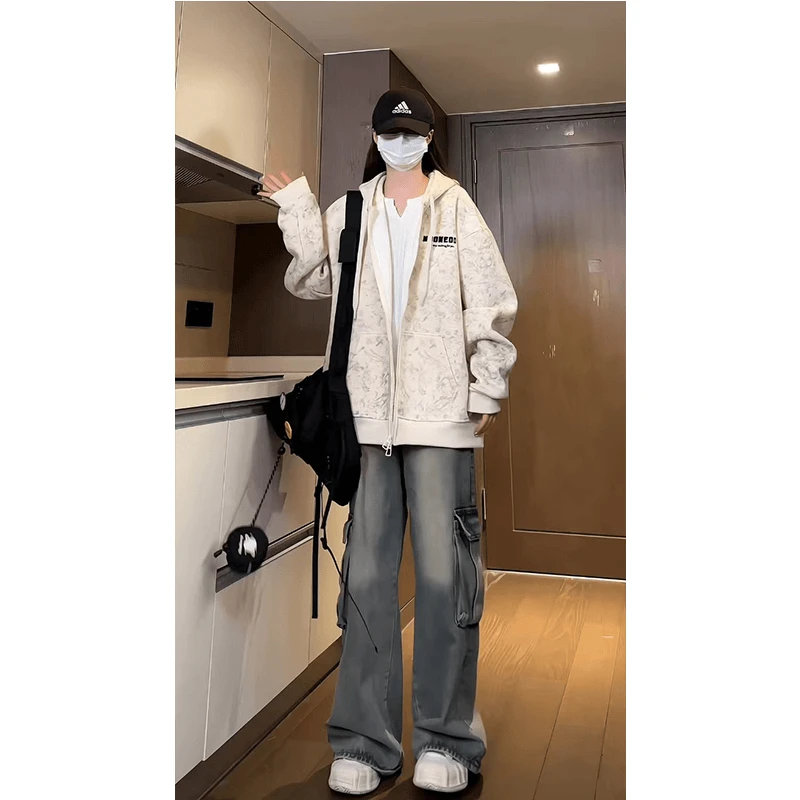 美式2024新款重磅开衫连帽卫衣女秋季宽松简约刺绣双开头拉链外套