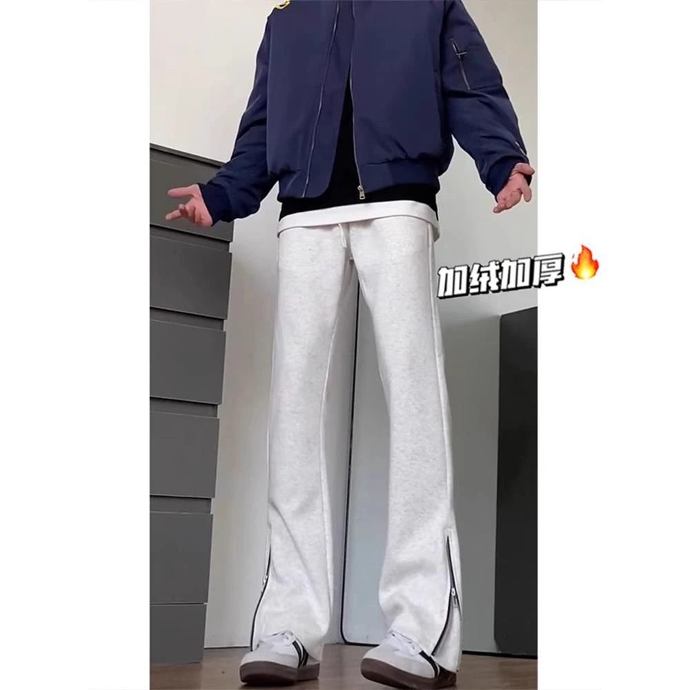 白灰色美式微喇加绒卫裤男款秋冬cleanfit弯刀裤子显瘦修身直筒裤