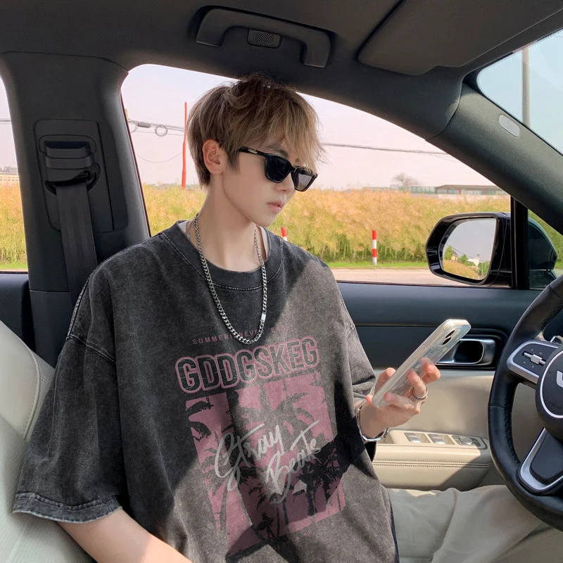 重磅纯棉t恤男款夏季水洗做旧短袖美式高街小领口正肩体恤七分袖