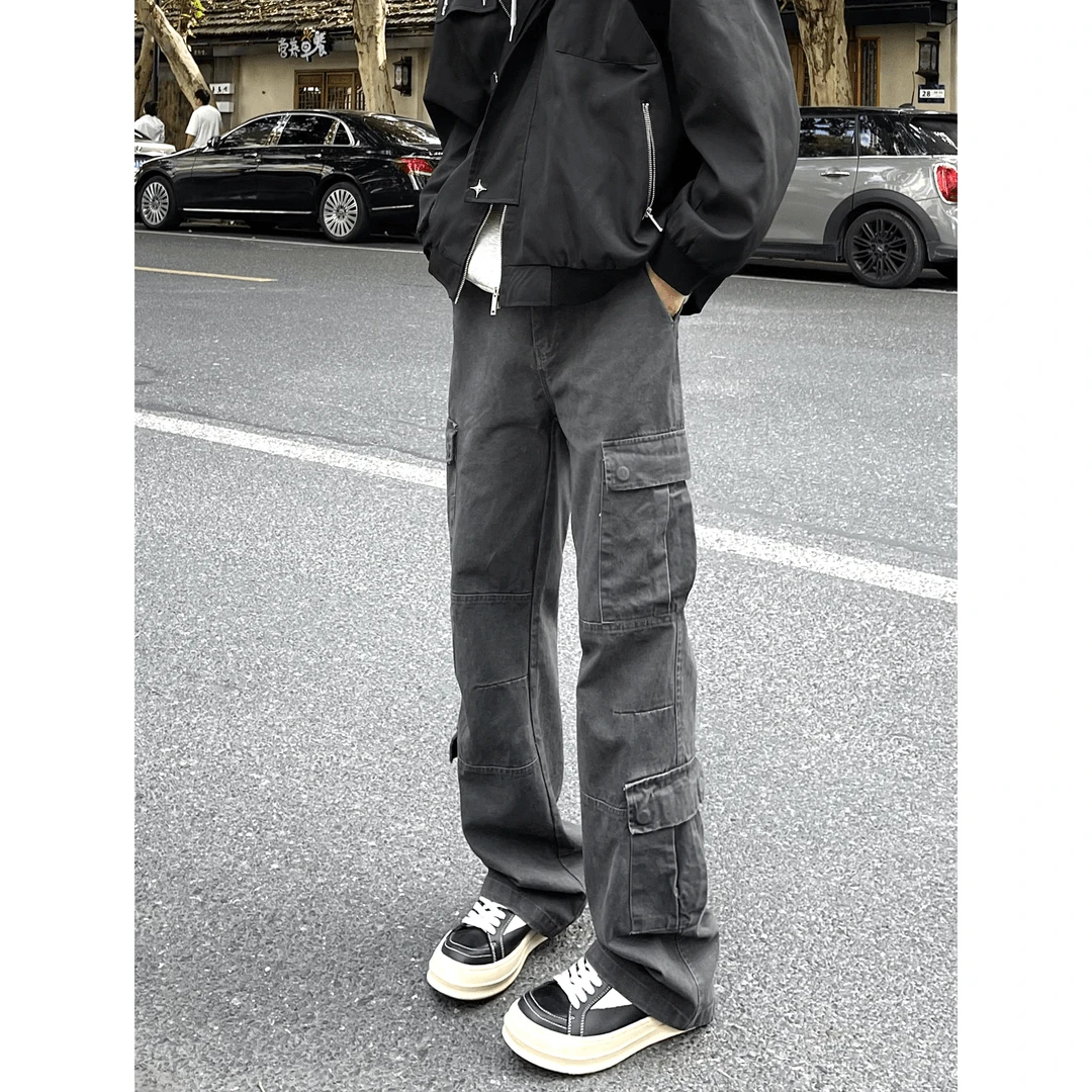 美式vintage复古灰色工装牛仔裤男款春秋季多口袋设计感微喇裤子