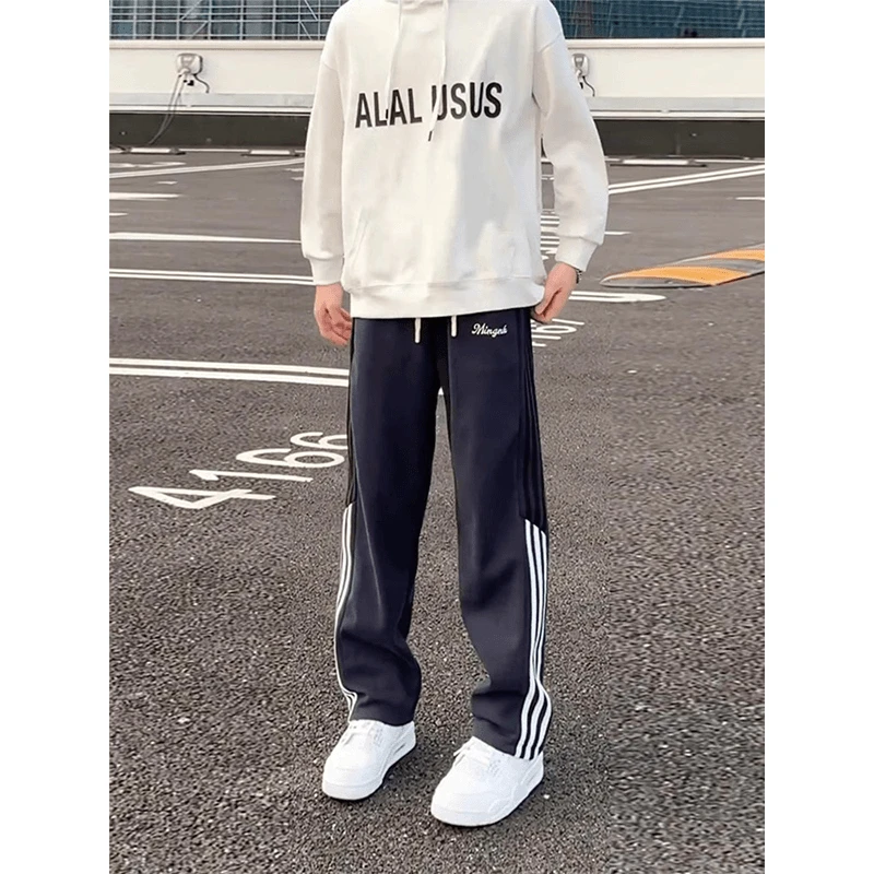 藏蓝色条纹卫裤男春秋款vibe美式高街青少年裤子潮牌直筒休闲长裤