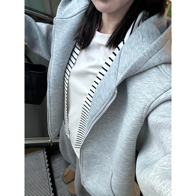 虞书欣同款双拉链卫衣韩系秋冬慵懒风开衫外套男款秋冬重磅连帽衫