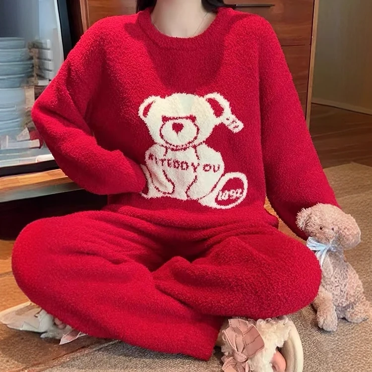 2024冬季新款半边绒新年喜庆红女软绵绵加绒加厚可外穿家居服套装