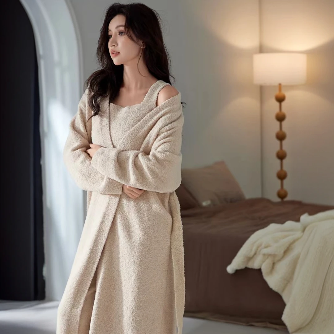 冬季新款三件套睡衣女长袖半边绒软糯睡袍加厚保暖可外穿家居服