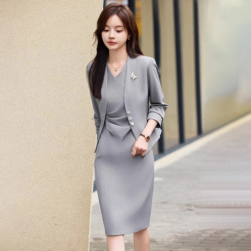 高端灰色西装套装女秋季职业正装套裙正式场合通勤教师穿搭连衣裙