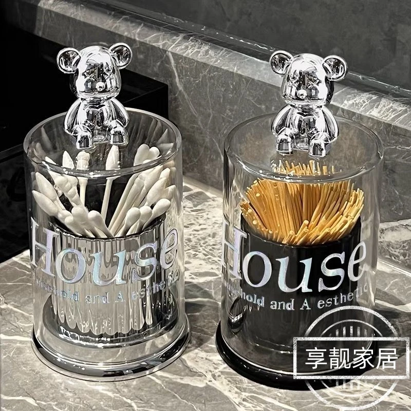 ins轻奢网红小熊牙签盒可爱牙签筒棉签盒牙线盒桌面收纳牙签罐