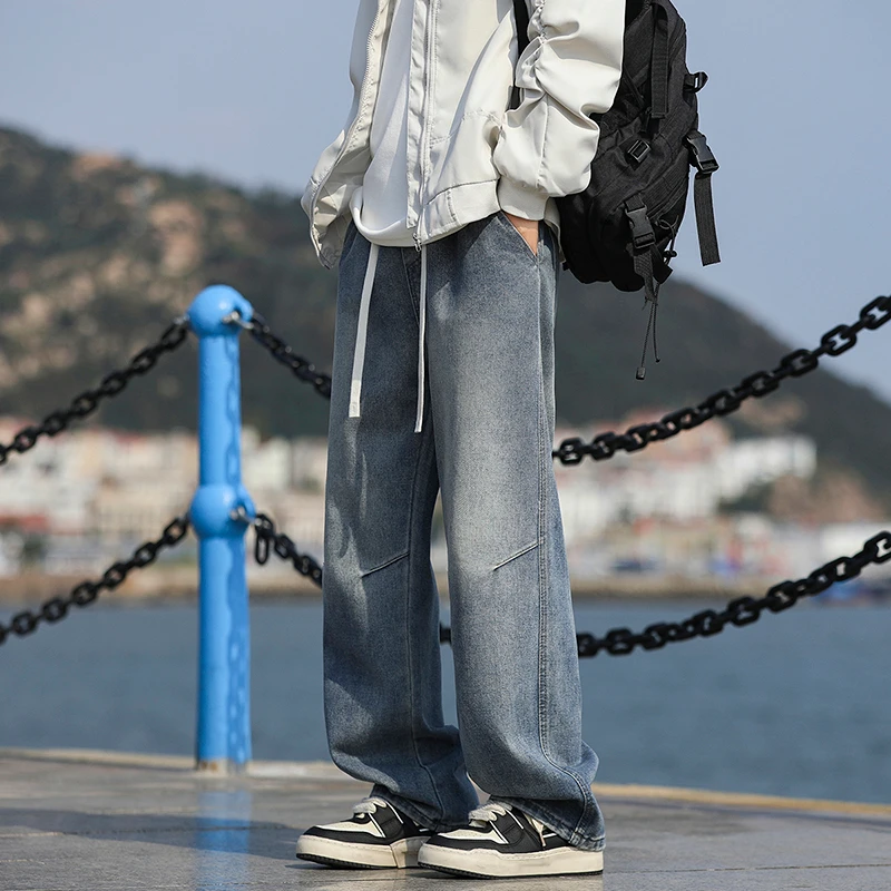 秋冬季新款美式褶皱设计感牛仔裤宽松直筒潮流百搭高街长裤
