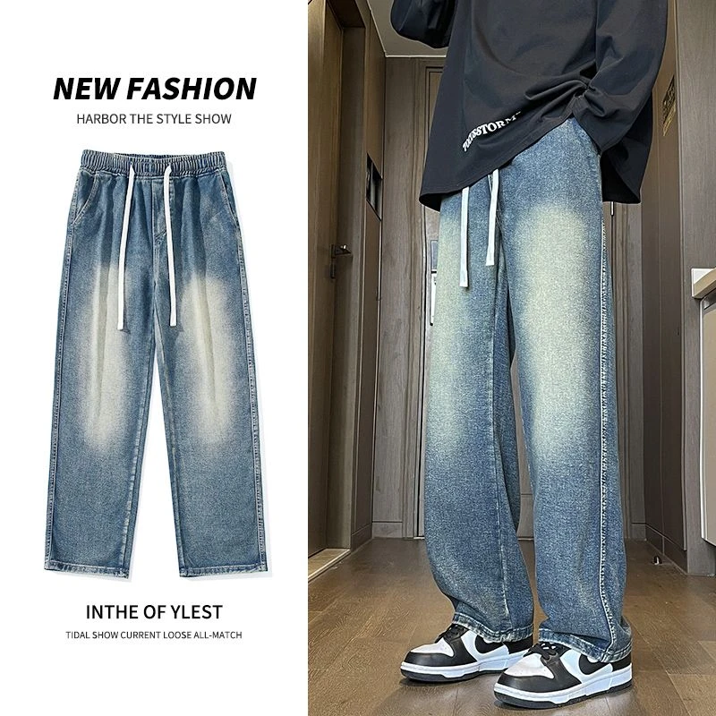 牛仔裤男2025新款松紧腰宽松长裤爆款复古休闲百搭直筒裤子潮秋冬
