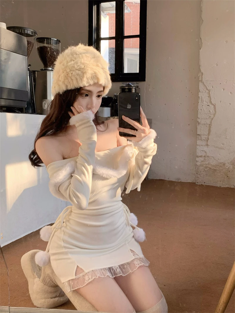 生日小礼裙女一字肩挂脖毛毛连衣裙 秋冬毛边包臀裙