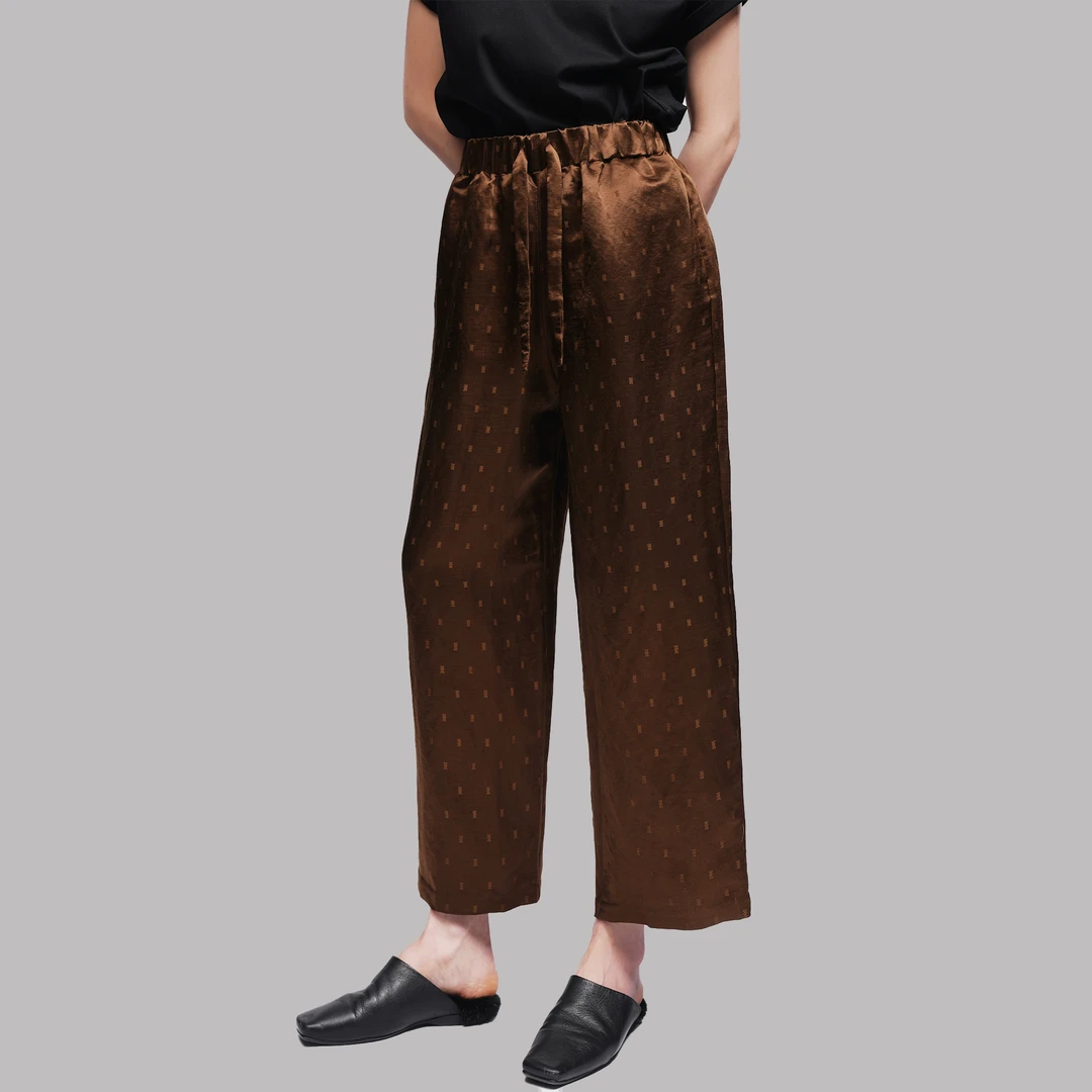 【meebest】(原830)松紧腰抽绳提花丝麻九分直筒休闲裤K24177