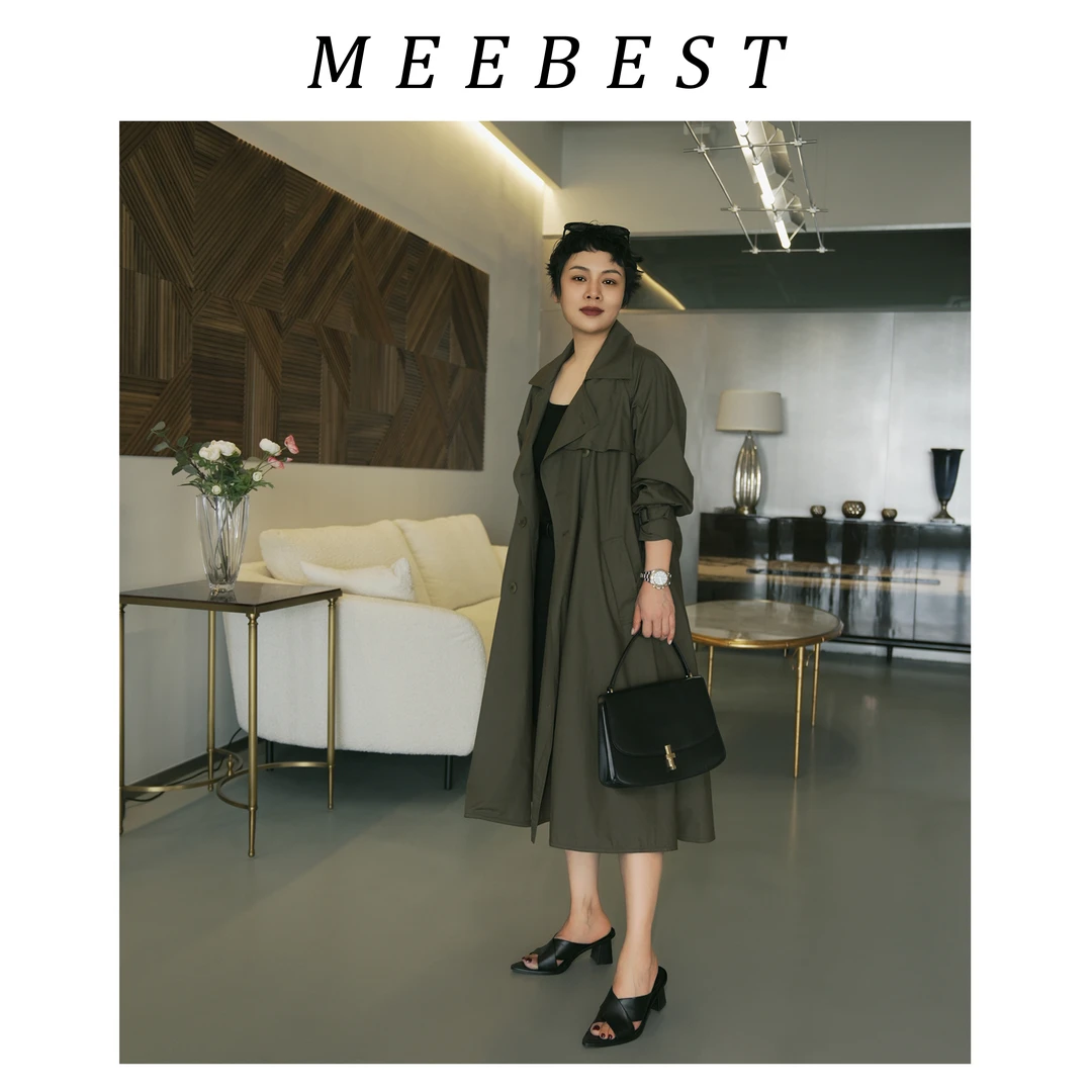 【meebest】(原650)简约气质经典双排扣中长款风衣F23375