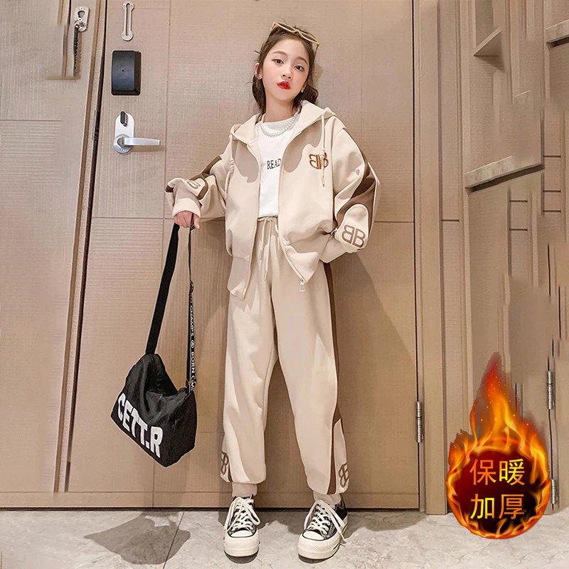 女童冬装加绒套装休闲运动女大童装秋冬款连帽韩版女孩洋气两件套