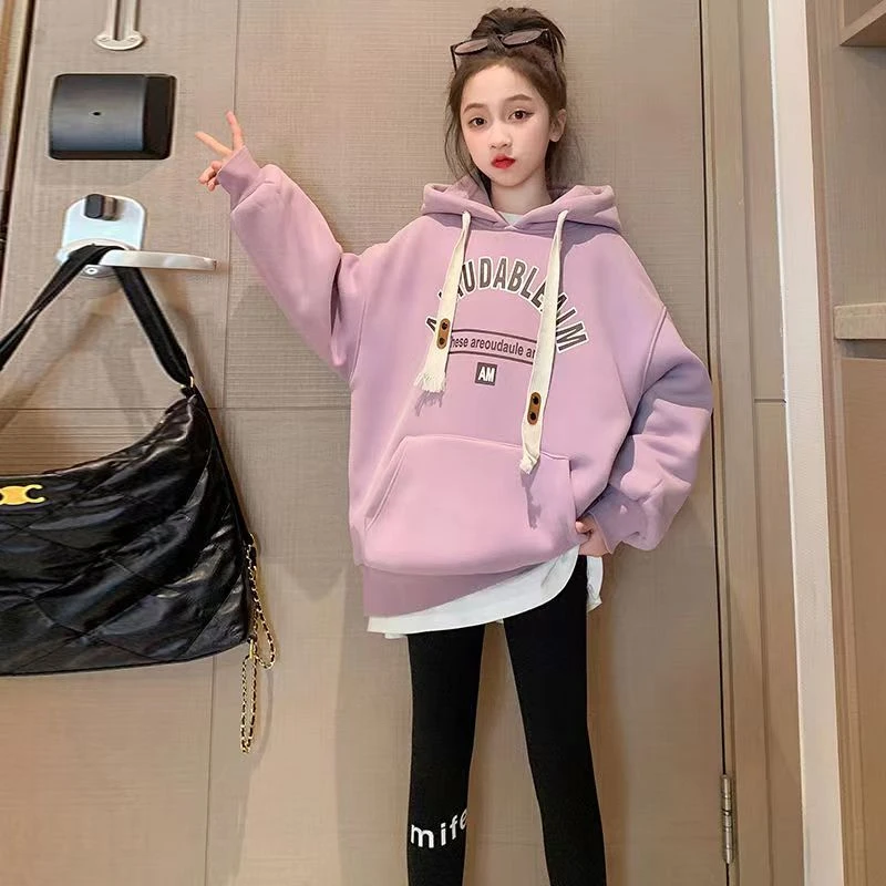 女童加绒卫衣秋冬6-12岁潮款儿童加厚一体绒衣服女大童上衣连帽衫