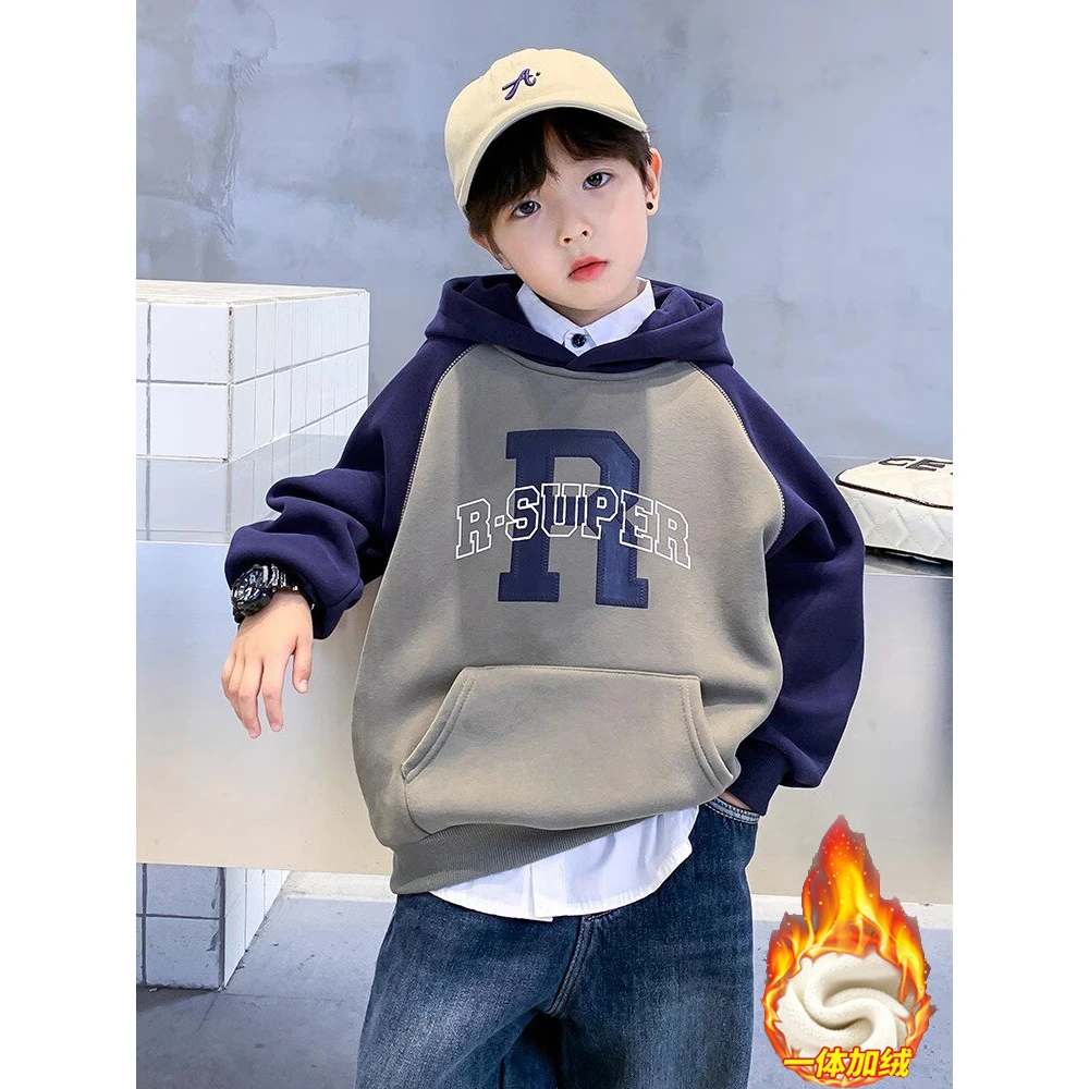 童装男童时髦春秋2024新款中大童休闲加绒韩版帅气字母冬季连帽