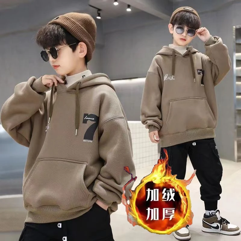 儿童加绒加厚卫衣上衣童装男童连帽中大童洋气男孩宽松时尚秋冬款