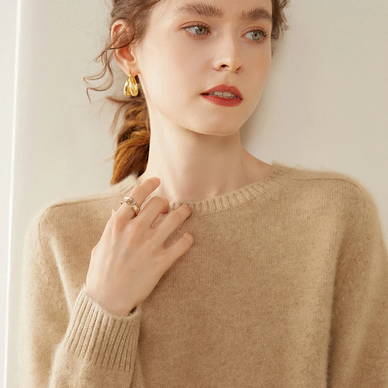 秋冬新款100纯山羊绒衫女加厚套头针织宽松毛衣百搭低圆领打底衫