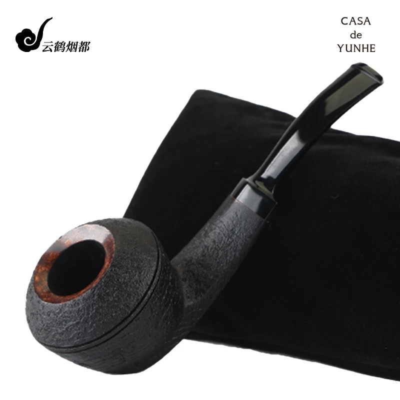 云鹤烟都CASAdeYUNHE石楠木烟斗黑色喷砂斗牛弯式烟斗