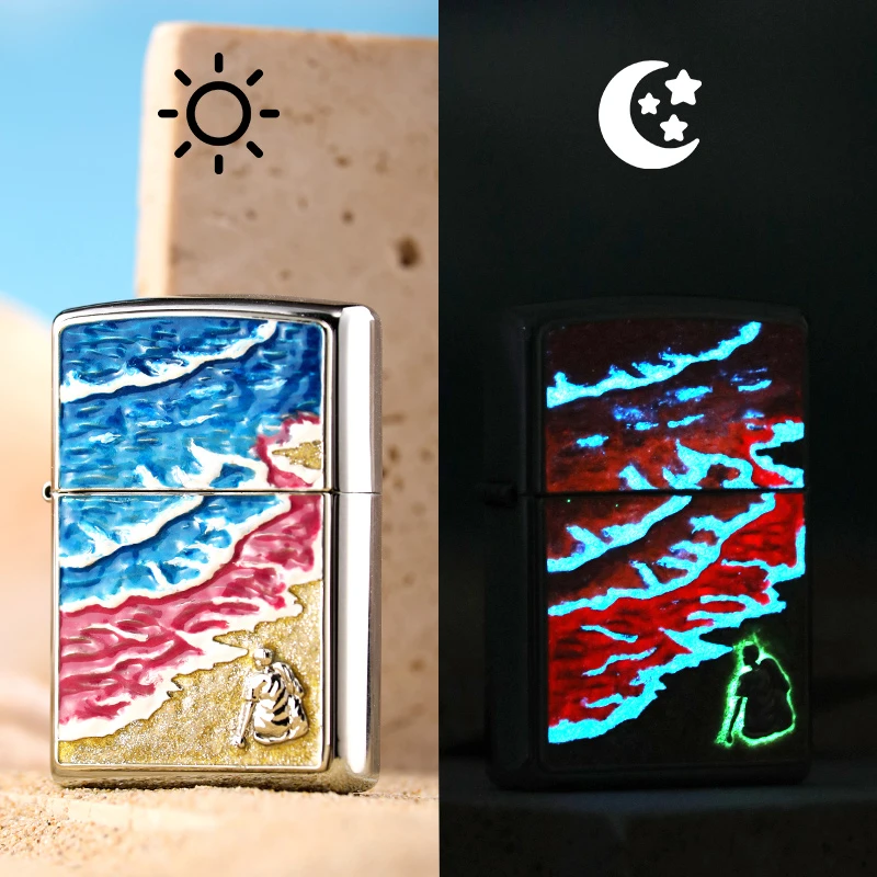 ZIPPO/之宝打火机蓝眼泪夜光沙滩美女贴章彩色生日礼物DYX1H1F1