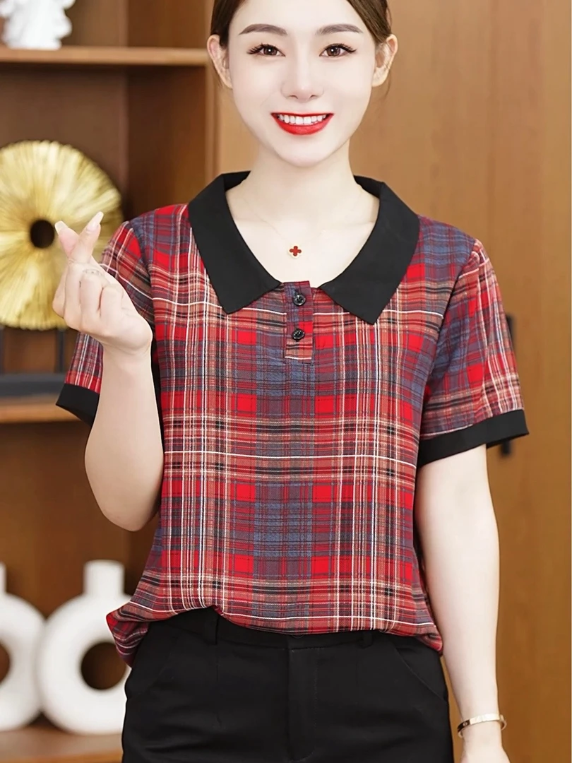 时尚百搭格子衫宽松版T恤格子衬衫翻领洋气妈妈装休闲半袖翻领