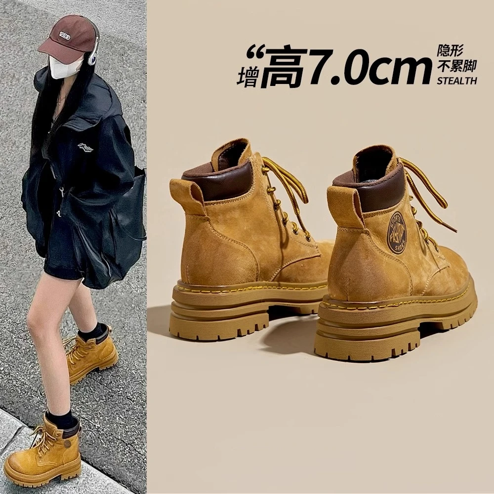 马丁靴女2025新款大黄靴秋季舒适厚底增高小个子短靴英伦风工装靴