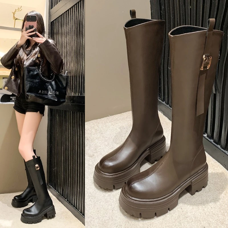 长筒靴女2023年新款秋冬季小个子时尚百搭棕色厚底高筒长靴