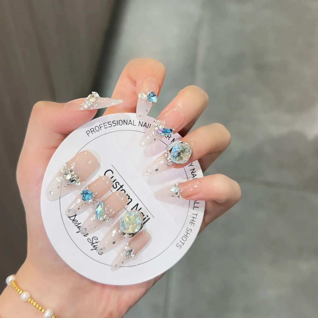 【梦境】高端纯手工美甲穿戴甲亮片浅粉蓝月光全华子可拆卸美甲贴片