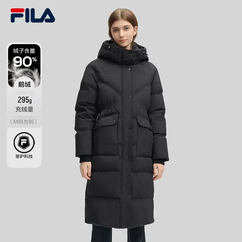 【90鹅绒】FILA斐乐女款新款连帽中长款防风保暖羽绒服F11W444921F