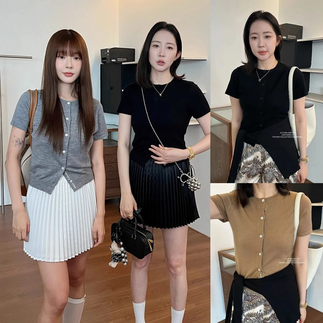 WIDELIA田婧夏季薄款高级正肩圆领冰丝针织开衫11299