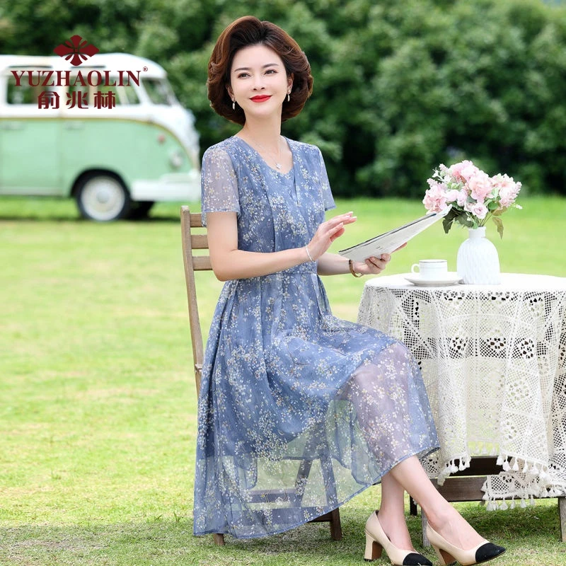 俞兆林中年妈妈夏装雪纺连衣裙短袖40岁50中老年女夏季洋气网纱裙
