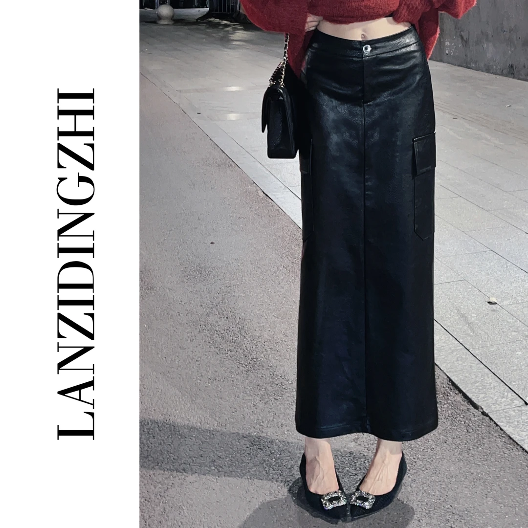 「时光荏苒」秋季新款港风复古工装口袋设计感遮肉显瘦皮革半身裙