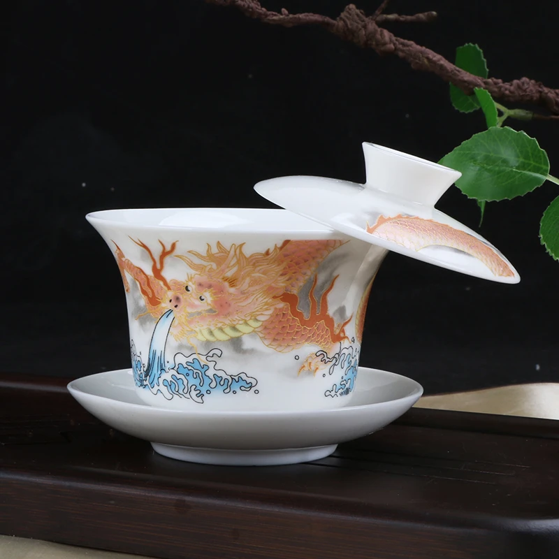 茶具摆件羊脂玉瓷三才悬停盖碗中式带盖茶盖碗带盖手工陶瓷盖碗
