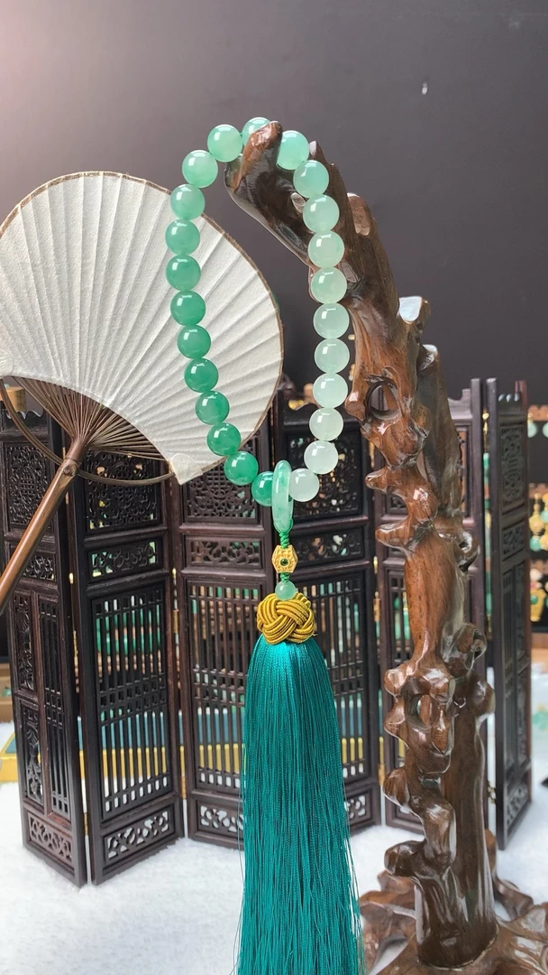 天然玉石冰飘花渐变流苏手持