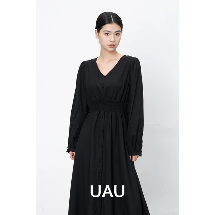 UAUV领收腰连衣裙宽松连衣裙爆款黑色气质百搭简约修身6373009