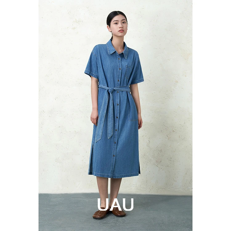 UAU【商场同款】牛仔连衣裙女夏季24新款收腰显瘦开叉长裙8273015
