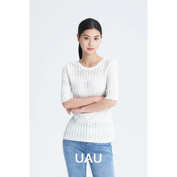 UAU夏季针织衫打底外穿修身显瘦款钩花针织衫百搭简约风7209004