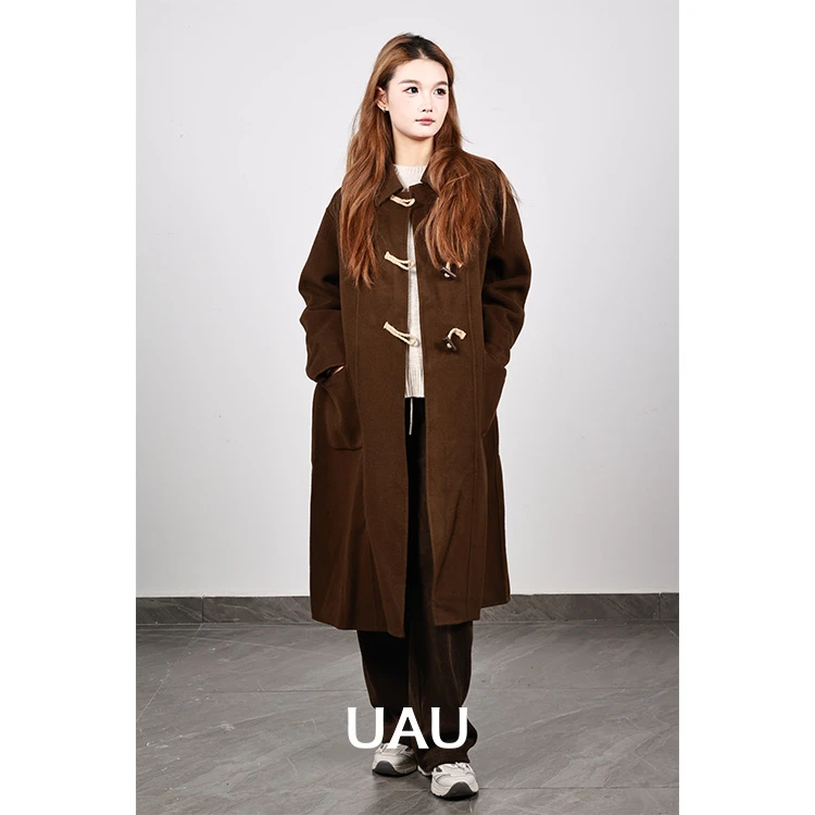 UAU冬季牛角扣大衣休闲毛呢设计师中长款宽松双面呢大衣6432003