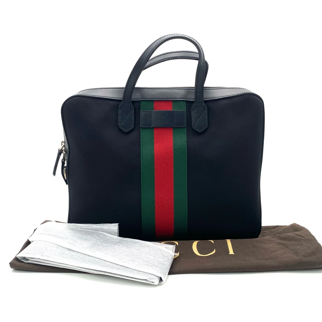 99新 GUCCI/古驰 黑色帆布红绿编织公文包 尺寸36/27