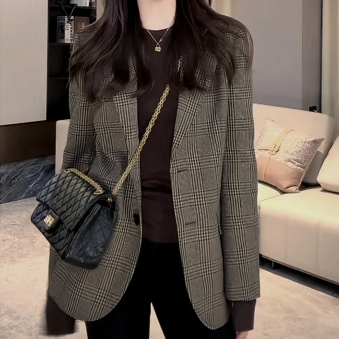 【奢级拼接】定制面料轻奢复古格纹西装外套时尚气质高级感复古西装