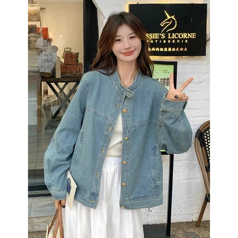 复古港味小众金扣立领牛仔外套女春秋新款季宽松百搭气质夹克上衣