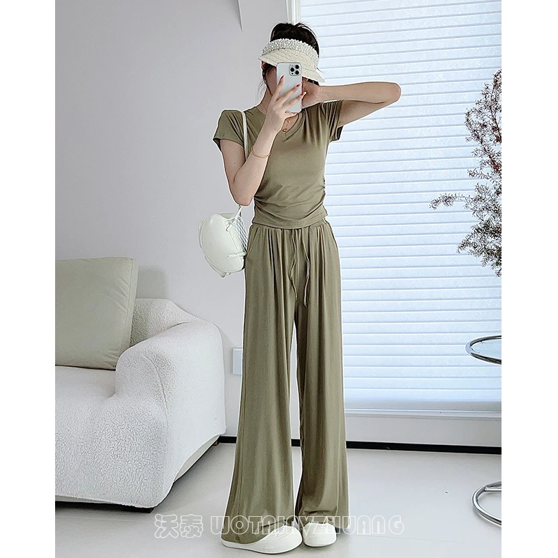 时尚休闲套装女春夏季气质减龄T恤上衣慵懒垂感阔腿裤网红两件套