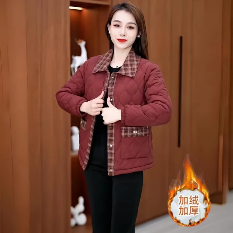 时尚格子拼接棉服加绒加厚女秋冬新款假两件遮肚外套休闲保暖上衣