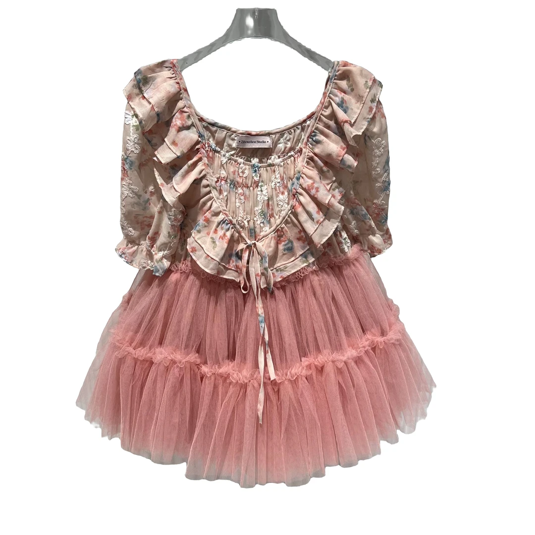 0026【高定系列】设计师新款拼接纱纱夏季短袖女装连衣裙