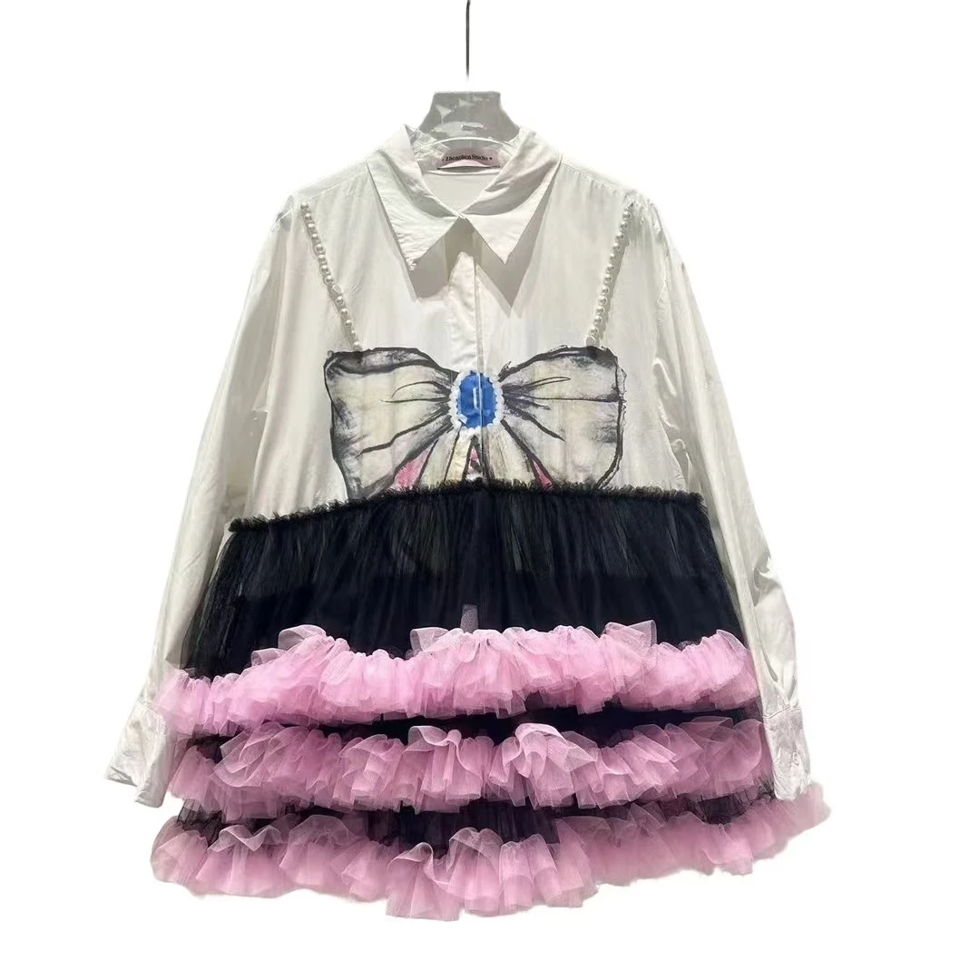 3536【珍珍优选】设计师新款拼接纱纱秋季长袖女装连衣裙