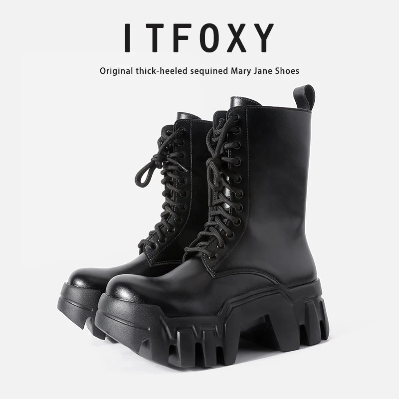 ITFOXY小众复古高跟厚底小皮鞋女2024秋冬新款系带马丁靴齿轮短靴