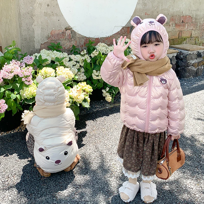 秋冬时尚儿童棉服中小童宝宝免洗图案连帽耳朵款轻薄棉衣保暖棉袄