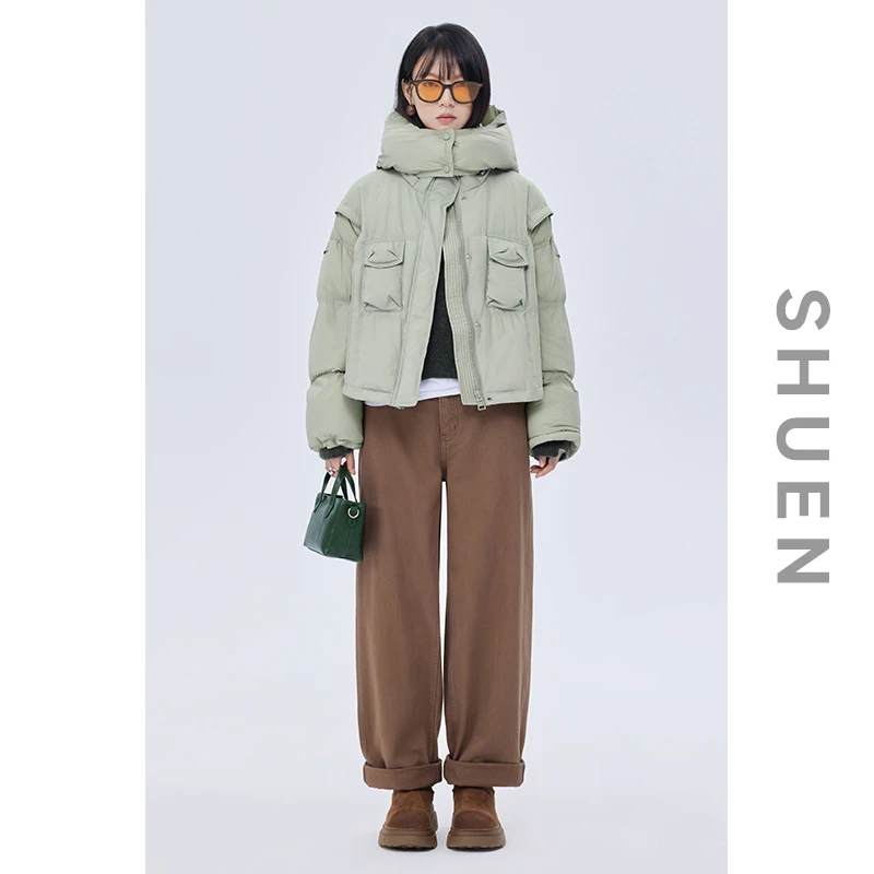 束恩90白鸭绒加厚可拆卸连帽外套抽绳2025薄荷绿羽绒服女冬季新款